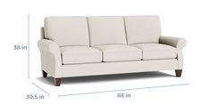 a white couch is shown with measurements for the seat and headrests on it