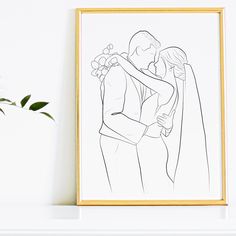 a black and white drawing of two people hugging each other in front of a plant