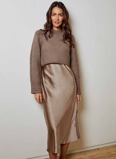 Gray Dress Sweater, Winter Dress Inspiration, Skirt With Sweater Outfit Winter, Silk Dress With Cropped Sweater, Dresses Styled For Winter, Monochromatic Christmas Outfit, Winter Knit Dress Outfit, Sweater With Silk Dress, Dresses In Cold Weather