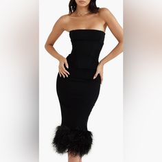 House Of Cb Black Strapless Midi Dress With Feathered Bottom. Has A Corset Style Bodice And In Great Condition Black Strapless Midi Dress, House Of Cb Dresses, Strapless Midi Dress, House Of Cb, House Dress, Corset Style, Bodice, Colorful Dresses, Midi Dress