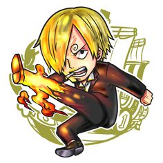 an anime character with blonde hair and black pants holding a yellow object in his hand