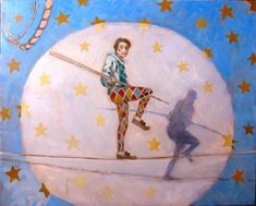 a painting of a man on a tightrope being watched by a person in front of the moon