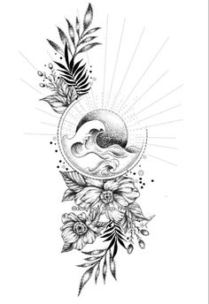 the sun and moon tattoo design is shown with flowers, leaves, and water droplets