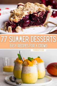 some desserts that are on a plate and one has peaches in the background