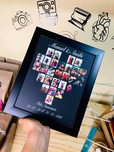 a person holding up a photo frame with pictures on it