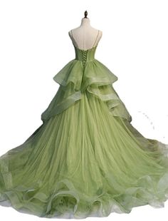 Ball Gown Quinceanera Dresses Elegant Dress Performance Court Train Sleeveless Spaghetti Strap Tulle with Ruffles Quinceanera Dresses Elegant, Tulle Ruffle Dress, Ball Gown Quinceanera Dresses, Prom Dresses Elegant, Tail Dress, November Wedding, Prom Dresses Online, Green Prom Dress, Dresses Elegant