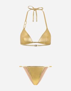 Give in to the allure of the foiled effect by adding this golden bikini to your beachwear collection. It features metal DG logo embellishment on the lacing of the triangle bikini top, making it a classic style yet with some personality. Non-adjustable triangle bikini top that ties on the neck and back Thong bikini bottoms Branded DG aglets in nickel-free metal Matching PVC pouch Made in Italy Beachwear Collection, Dg Logo, Silk Twill Scarf, Metallic Look, White Bikinis, Airport Fashion, Dolce E Gabbana, Beachwear For Women, Dolce & Gabbana