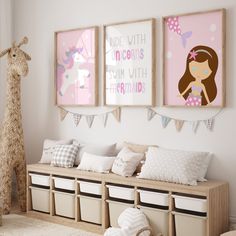 "This mermaid unicorn wall art set is perfect for a young girl's bedroom decor!  Whimsical Unicorn Art, Ride With Unicorns Swim With Mermaids quote, and Mermaid Tail Art.  I can even personalize the mermaid to look more like your little one if desired - hair color, skin color, eye color.  She is sure to love this cute wall art set!  Customize in the size and colors of your choice.  Available as unframed PRINTS or ready to hang CANVAS! SIZING OPTIONS: Available sizes and pricing for both canvas a Princess And Unicorn Bedroom, Unicorn Bedroom Ideas Kid Rooms, Mermaid Bedroom Ideas, Mermaid And Unicorn Bedroom, Tasteful Unicorn Bedroom, Mermaid Tail Art, Mermaid Prints, Dunelm Unicorn Bedroom, Unicorn Wall Art Girl Rooms