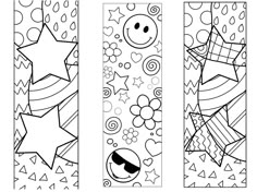 three bookmarks with cartoon characters and stars on them, one is black and white