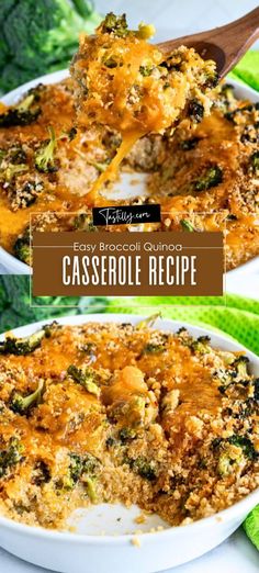 broccoli quiche casserole recipe in a white dish with a wooden spoon