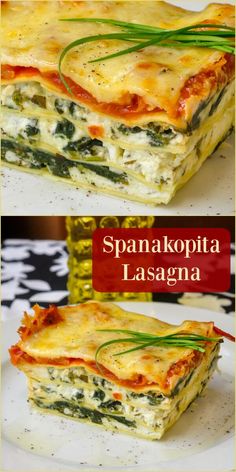 spinach lasagna with cheese and green onions in it on a white plate