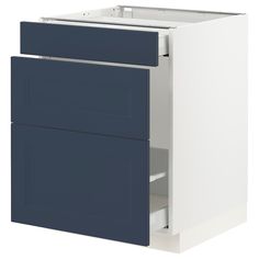 a white and blue cabinet with two doors on the bottom, and one door open