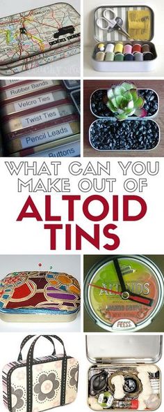 an advertisement for altoid tins with images of various items in it and the words, what can you make out of altoid tins?