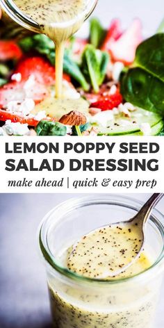 the ingredients to make poppy seed salad dressing are being poured in a jar with a spoon