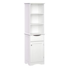 a tall white cabinet with shelves and drawers