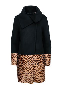 Current Boutique-Elie Tahari - Black & Leopard Print Wool blend Coat Sz M Elegant Leopard Print Outerwear For Winter, Elegant Leopard Print Winter Outerwear, Elegant Winter Leopard Print Outerwear, Elegant Leopard Print Outerwear For Work, Chic Leopard Print Winter Outerwear, Chic Leopard Print Outerwear For Fall, Chic Fitted Leopard Print Outerwear, Winter Workwear Outerwear In Leopard Print, Chic Leopard Print Spring Outerwear