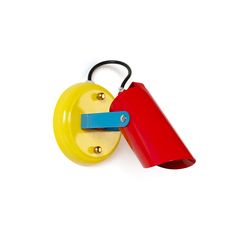 a red, yellow and blue object is attached to a hook