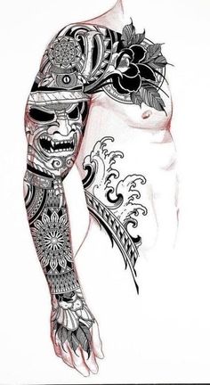 a drawing of a man with tattoos on his arm