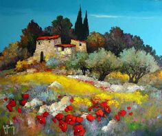 a painting of an old house on a hill with poppies