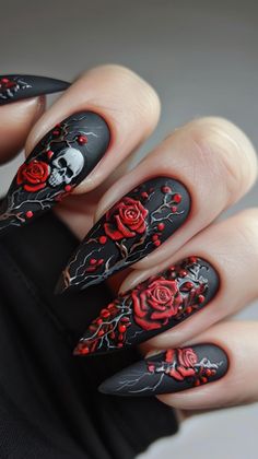 Make a statement with these stunning red flower long nail designs. Featuring vibrant r#RedFlowerNails #LongNailDesigns #NailArt #FloralNails #BoldNails #ElegantNails #NailInspiration #FlowerNailDesigns #RedNails #NailArtDesignsed blooms and intricate detailing, these nails add a touch of elegance and flair to any look. Perfect for special occasions or adding a pop of color to your everyday style, these designs are both eye-catching and sophisticated. Nail Artist Outfit, Intricate Nail Designs Nailart, Gothic Rose Nails, Goth Flower Nails, Valintens Nails, Night Nails Design, Hades And Persephone Nails, Haunting Adeline Nails, Black Rose Nail Design