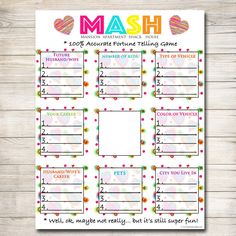 Printable Mash Game, Girls Party Game, Spa Party Beauty Party, Pamper Party Classic Sleepover Game, Printable Game of MASH, INSTANT DOWNLOAD Mash Game, Fun Sleepover Games, Sleepover Party Games, Girls Party Games, Slumber Party Games, Girl Sleepover, Sleepover Games, Pamper Party, Beauty Party