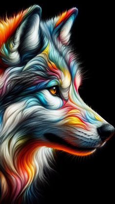 a colorful wolf's head on a black background