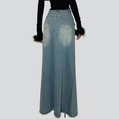 Introducing our vintage sanded long denim skirt from the 2023 Spring-Summer Collection ââ‚?the perfect blend of urban trend and nostalgic charm!Why It's Your Ultimate Urban Style ChoiceThis denim skirt is the perfect combination of everlasting trend and vogue vibes. It features a mid-waist fit. a unique sanded pattern. and a full-length silhouette. The combination of a zipper and button closure ensures that you get both a secure fit and a fashionable touch. Crafted with premium quality denim. th Trendy Denim Wide-leg Maxi Skirt, Trendy Denim Maxi Skirt With Flare, Full-length Denim Blue Maxi Skirt, Wide Leg Denim Skirt With Frayed Hem, Fall Denim Maxi Skirt, High Waist Washed Blue Denim Skirt, High-rise Blue Denim Maxi Skirt, Dark Wash Full-length Denim Skirt For Summer, High Rise Denim Maxi Skirt With Pockets