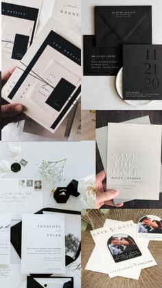 black and white wedding stationery with monogrammed text on the front, in different colors