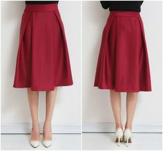 Classy Pleated Wine Red Mid Length Skirt