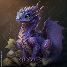 a blue dragon sitting on top of a leafy branch in front of a dark background