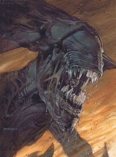 a drawing of an alien with sharp teeth and mouth wide open, on the ground