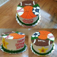 three cakes decorated to look like sports balls