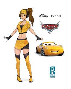 a woman in yellow is standing next to a car and disney pixar logo