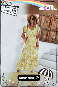 Vestidos Vintage Ruffles Print Short Sleeve Summer Beach Sweet Dresses Casual V Neck Floral Maxi Long Dress Vestidos Mujer Summer V-neck Beach Dress For Garden Party, Casual V-neck Sundress For Summer Outings, Yellow Floral Print Vacation Dress, Casual Maxi Dress For Garden Party Vacation, Casual Maxi Dress For Garden Party And Vacation, Green Short Sleeve Beach Dress For Summer, Casual Beach Dress For Summer Garden Party, Casual Dress For Garden Party And Vacation, Spring Short Sleeve Sundress Beach Dress