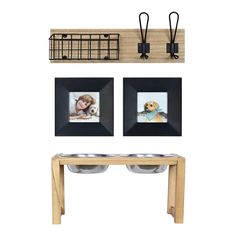 the dog bowl rack is next to two bowls and a shelf with pictures on it