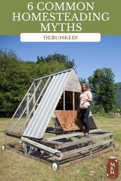 a woman standing in front of a chicken coop with the words how to buy a homestead