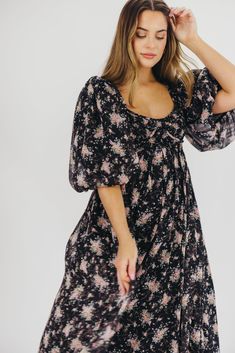 This gorgeous dress is a *vibe* and we are here for it. If you think the Harlow is stunning in photos, wait till you see it in person - this dress will make a statement wherever you go! It features incredible puffed sleeves, a bustier-style structured bodice, and a voluminous skirt. This floral gem is extra-luxe, and 100% the choice when you're looking to stand out from the crowd. Pair it with a glam set of pumps for a night at the symphony, or with heeled sandals for a baby shower - just prepar A Night At The Symphony, Voluminous Skirt, Curve Model, Puffed Sleeves, Bra Cups, Heeled Sandals, Empire Waist, Gorgeous Dresses, Smocking