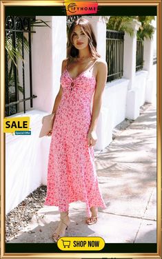 Pink Flower Print Front Cut Out Maxi Dress Pink Ditsy Floral Print Sundress For Spring, Chic Ditsy Floral Print Maxi Dress For Spring, Chic Floral Print Sundress For Spring, Chic Spring Floral Dress With Ditsy Print, Chic Spring Ditsy Floral Dress, Pink Ditsy Floral Print Dress For Summer, Pink Ditsy Floral Print Dress For Vacation, Pink Floral Dress For Vacation, Pink Ditsy Floral Maxi Dress For Spring