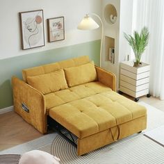 a living room scene with focus on the futon bed and rug in the foreground