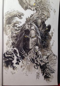 an ink drawing of a man with long hair and yellow eyes next to a monster