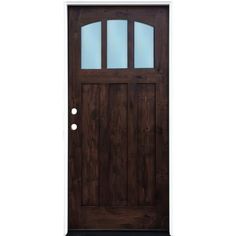 a wooden door with glass on the top and bottom panel, against a white background