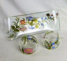 Dorothy Thorpe Sugar Bowl Creamer Set Spring Harvest Flowers Clear Glass MCM Vtg | eBay