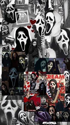 a collage of images with different faces and masks on them, all in black and white