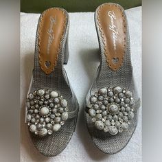 Statement Shoes To Go With Any Outfit. Size 6m. Spring Silver Sandals With Bling, Silver Bling Sandals For Spring, Elegant Beaded Round Toe Sandals, Embellished Silver Heels For Summer, Silver Embellished Heels For Summer, Silver Sandals With Bling And Round Toe, Silver Bling Sandals With Round Toe, Silver Bling Sandals For Formal Occasions, Statement Shoes