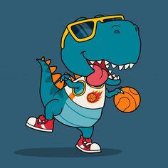 a cartoon dinosaur holding a basketball and wearing sunglasses