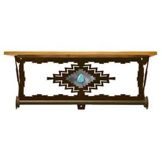 a wooden table with an intricate design on the top and bottom shelf, against a white background