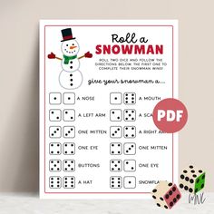 a printable snowman game with dices next to it and the words roll a snowman