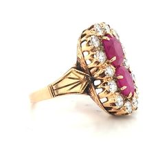 Gorgeous vintage art deco filigree 14k yellow gold natural ruby ring Circ 1920's center set two natural ruby oval shape weight 4.88ct. Size 7.5x6.8mm This stunning ruby is untreated ruby origin Africa lively,nice cut. Gorgeous red color, Side set natural round diamonds weight 1.55ct VS1-G very clean diamonds very brilliant sparkly stones. this ring is tremendously old ring circ 1920's in excellent condition. ring size 7 Resizable Retail value $10,500 net. Appraisal available Vintage 14k Gold Ruby Ring, Heirloom Oval Diamond Ruby Ring, Antique Oval Yellow Gold Ruby Ring, Antique Red Oval Diamond Ring, Antique Oval Red Diamond Ring, Victorian Oval Gemstone Diamond Ring, Victorian Oval Diamond Ring With Gemstone, Victorian Oval Ruby Ring In Yellow Gold, Victorian Oval Red Diamond Ring