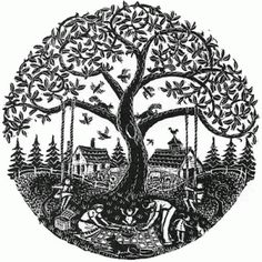 a black and white drawing of a tree with people on swings in the middle of it