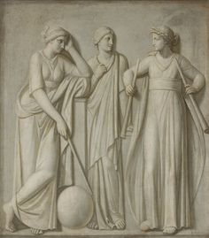 three women in ancient dress standing next to each other, one holding a ball and the other leaning on a fence